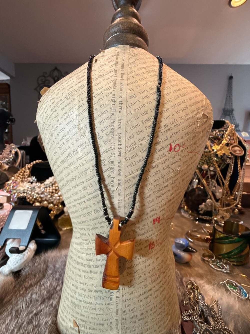 Handmade Wooden Cross Pendant Necklace Black Beaded Cord